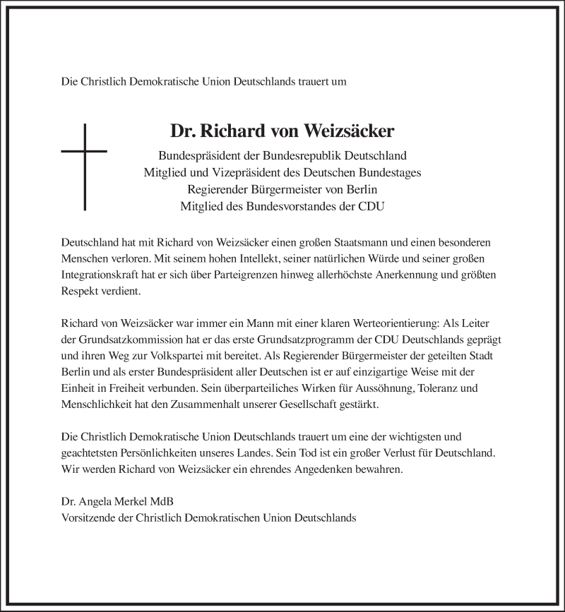  Traueranzeige für Richard von Weizsäcker vom 08.02.2015 aus Tagesspiegel