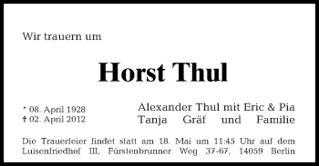 Traueranzeige von Horst Thul von Tagesspiegel