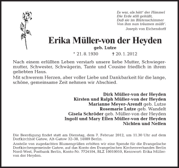 Traueranzeige von Erika Müller-von der Heyden von Tagesspiegel