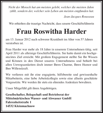 Traueranzeige von Roswitha Harder von Tagesspiegel