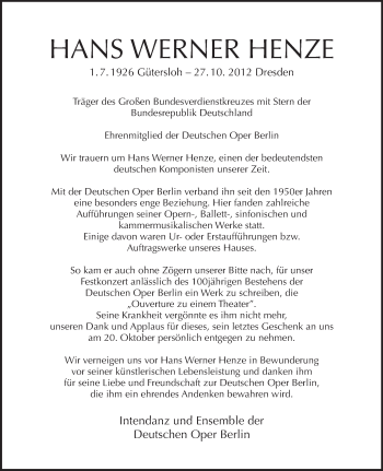 Traueranzeige von Hans Werner Henze von Tagesspiegel