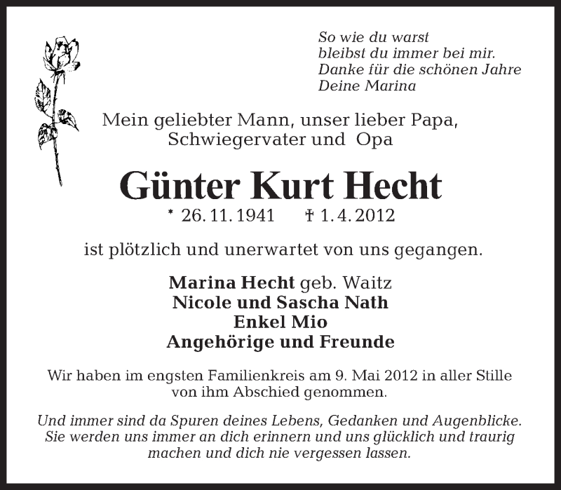  Traueranzeige für Günter Kurt Hecht vom 13.05.2012 aus Tagesspiegel