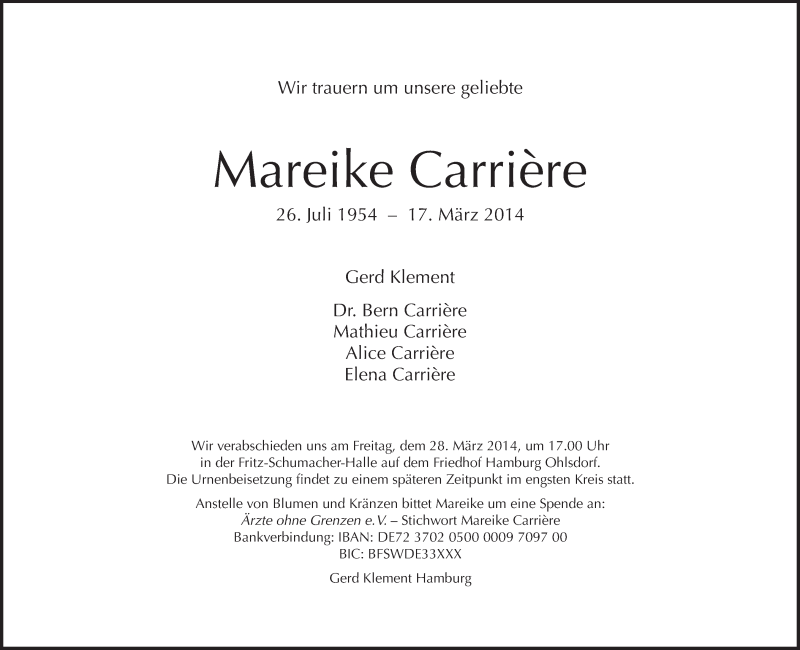  Traueranzeige für Mareike Carrière vom 23.03.2014 aus Tagesspiegel