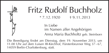 Traueranzeige von Fritz Rudolf Buchholz von Tagesspiegel