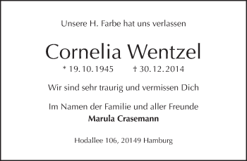 Traueranzeige von Cornelia Wentzel von Tagesspiegel