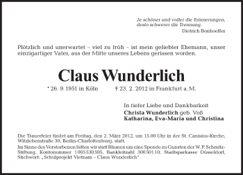 Traueranzeige von Claus Wunderlich von Tagesspiegel