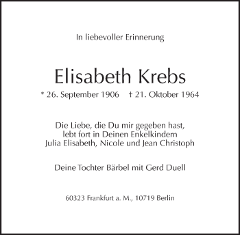 Traueranzeige von Elisabeth Krebs von Tagesspiegel