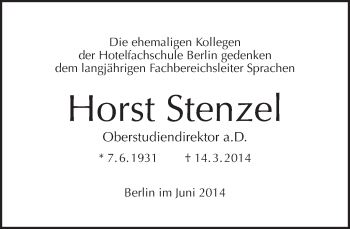 Traueranzeige von Horst Stenzel von Tagesspiegel