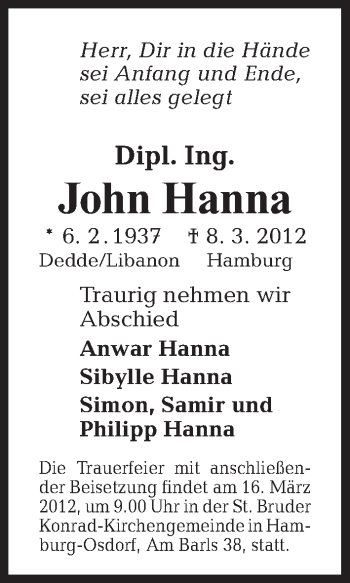 Traueranzeige von John Hanna von Tagesspiegel