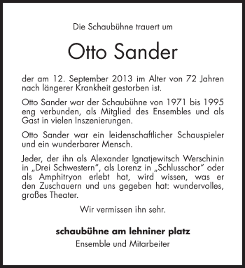 Traueranzeige von Otto Sander von Tagesspiegel