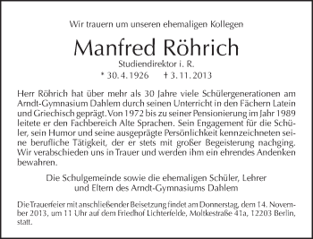 Traueranzeige von Manfred Röhrich von Tagesspiegel