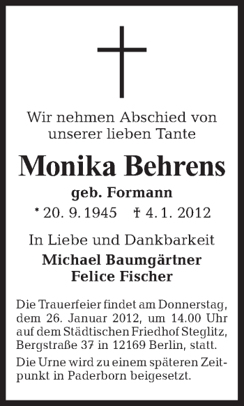 Traueranzeige von Monika Behrens von Tagesspiegel