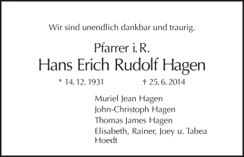 Traueranzeige von Hans Erich Rudolf Hagen von Tagesspiegel