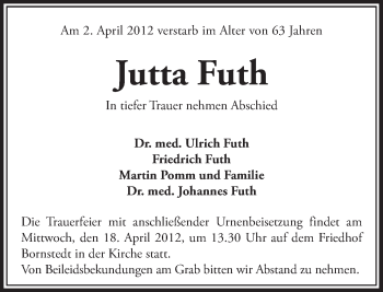 Traueranzeige von Jutta Futh von Tagesspiegel