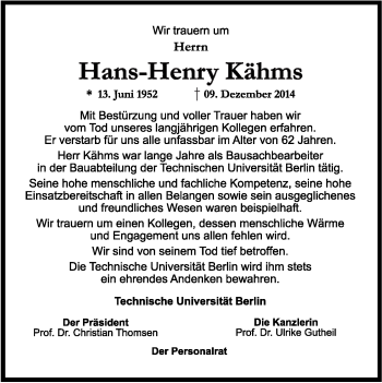 Traueranzeige von Hans-Henry Kähms von Tagesspiegel