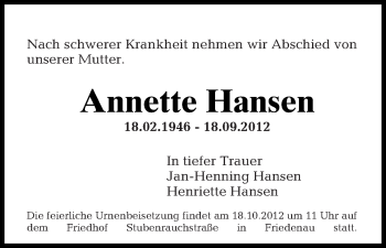 Traueranzeige von Annette Hansen von Tagesspiegel