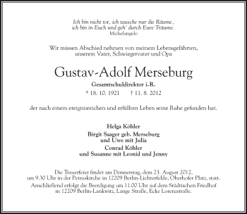Traueranzeige von Gustav-Adolf Merseburg von Tagesspiegel
