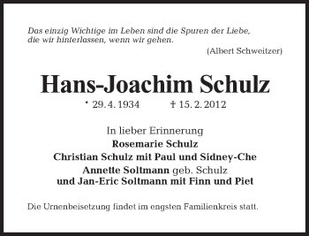 Traueranzeige von Hans-Joachim Schulz von Tagesspiegel
