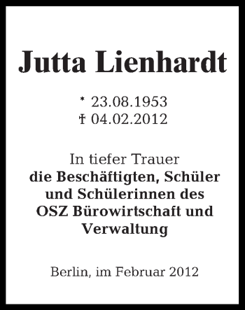 Traueranzeige von Jutta Lienhardt von Tagesspiegel