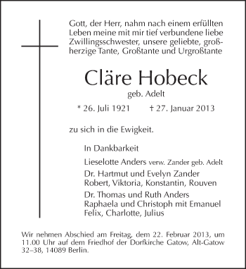 Traueranzeige von Cläre Hobeck von Tagesspiegel