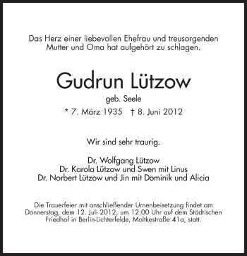 Traueranzeige von Gudrun Lützow von Tagesspiegel