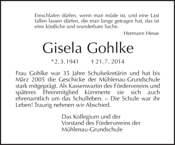 Traueranzeige von Gisela Gohlke von Tagesspiegel