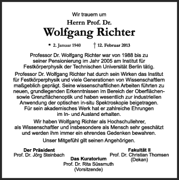Traueranzeige von Wolfgang Richter von Tagesspiegel