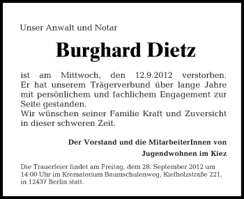 Traueranzeige von Burghard Dietz von Tagesspiegel