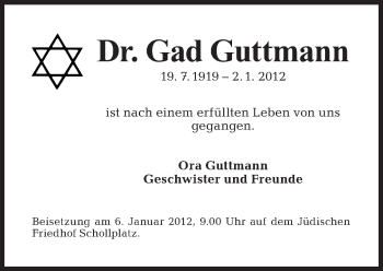 Traueranzeige von Gad Guttmann von Tagesspiegel