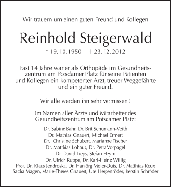 Traueranzeige von Reinhold Steigerwald von Tagesspiegel