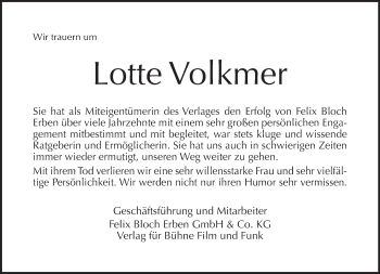 Traueranzeige von Lotte Volkmer von Tagesspiegel