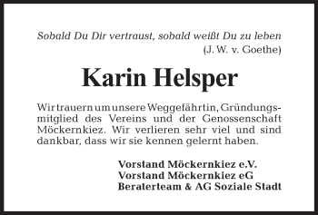 Traueranzeige von Karin Helsper von Tagesspiegel