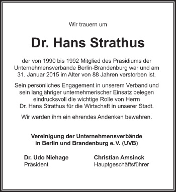 Traueranzeige von Hans Strathus von Tagesspiegel