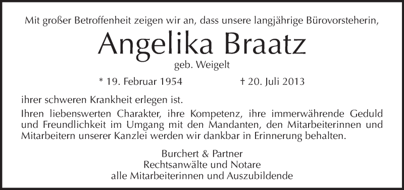  Traueranzeige für Angelika Braatz vom 04.08.2013 aus Tagesspiegel