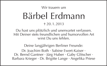 Traueranzeige von Bärbel Erdmann von Tagesspiegel