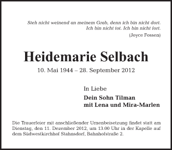 Traueranzeige von Heidemarie Selbach von Tagesspiegel