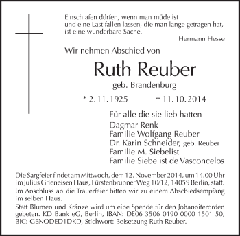 Traueranzeige von Ruth Reuber von Tagesspiegel