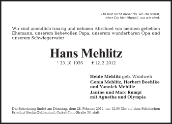 Traueranzeige von Hans Mehlitz von Tagesspiegel