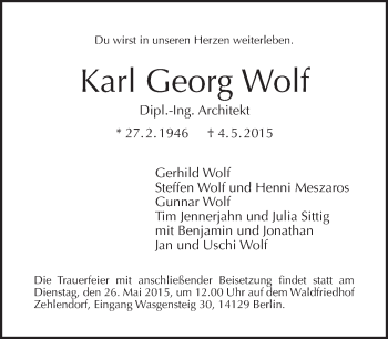 Traueranzeige von Karl Georg Wolf von Tagesspiegel