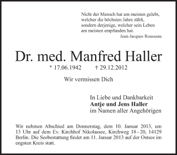 Traueranzeige von Manfred Haller von Tagesspiegel