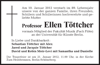 Traueranzeige von Ellen Töttcher von Tagesspiegel