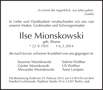 Traueranzeige von Ilse Mionskowski von Tagesspiegel