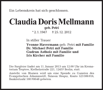 Traueranzeige von Claudia Doris Mellmann von Tagesspiegel