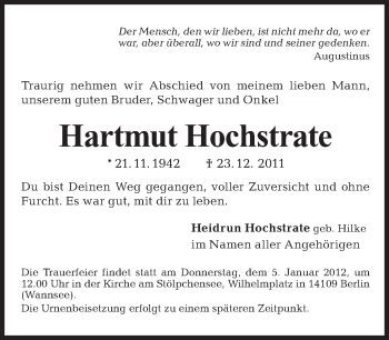 Traueranzeige von Hartmut Hochstrate von Tagesspiegel