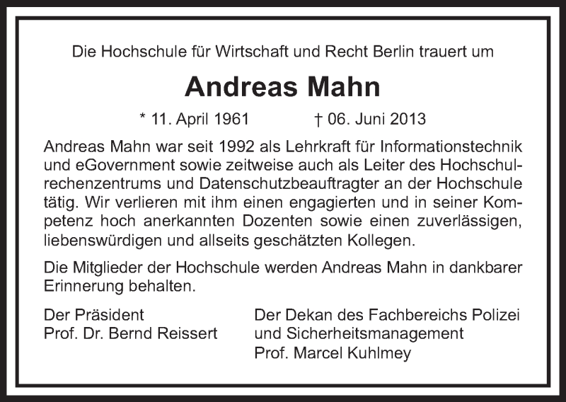  Traueranzeige für Andreas Mahn vom 16.06.2013 aus Tagesspiegel