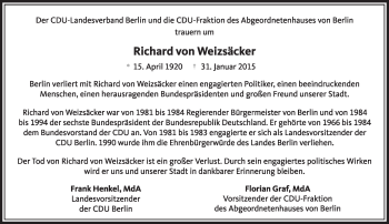 Traueranzeige von Richard von Weizsäcker von Tagesspiegel