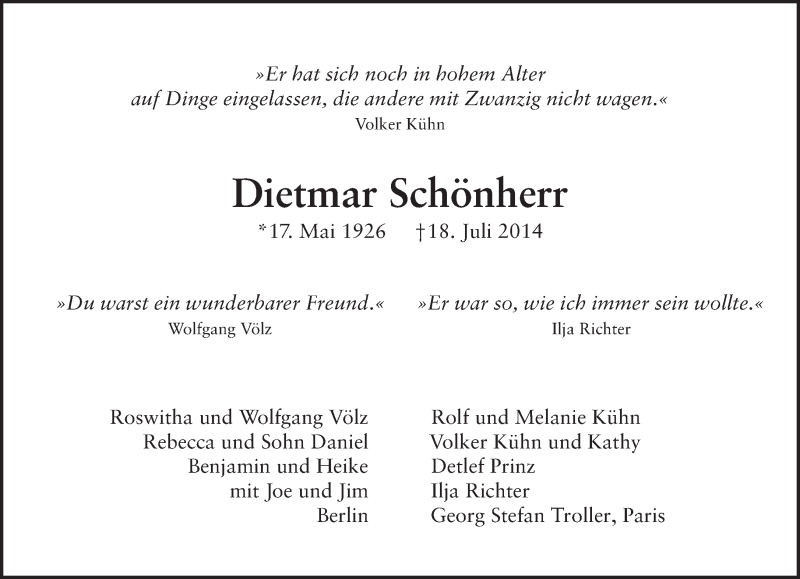  Traueranzeige für Dietmar Schönherr vom 24.07.2014 aus Tagesspiegel