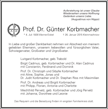 Traueranzeige von Günter Korbmacher von Tagesspiegel