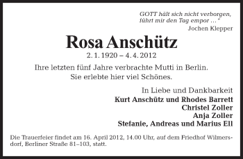 Traueranzeige von Rosa Anschütz von Tagesspiegel