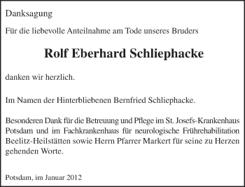 Traueranzeige von Rolf Eberhard Schliephacke von Tagesspiegel